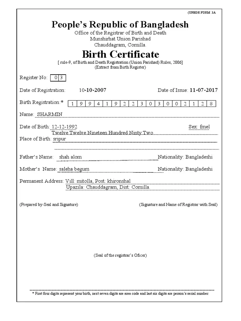 Sample of User's Birth Certificate